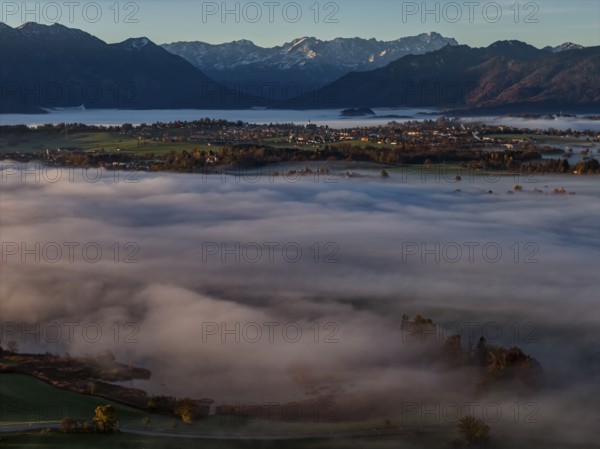 City, church, mountains, sunny, morning light, autumn, autumn color, fog, aerial view, Murnau, behind Zugspitze, Upper Bavaria, Bavaria, Germany
