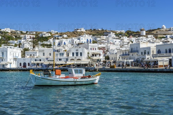 Mykonos, Cyclades, Greece - fishing boats are moored in the old port of Mykonos Town, Mykonos Chora. Mykonos is part of the Cyclades archipelago