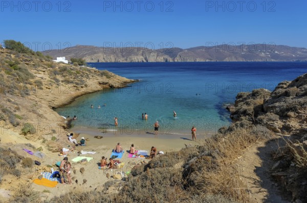 Agios Sostis, Mykonos, Cyclades, Greece - Agios Sostis, small town with the famous restaurant Kikis Tavern, here the small bay LOVERS BEACH directly below the restaurant, sandy beach in the north of the island