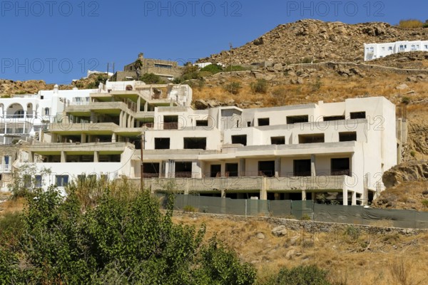 Agios Stefanos, Mykonos, Cyclades, Greece - construction boom, apartment houses in Agios Stefanos, small town with sandy beach, apartments and hotels, north of Mykonos New Port