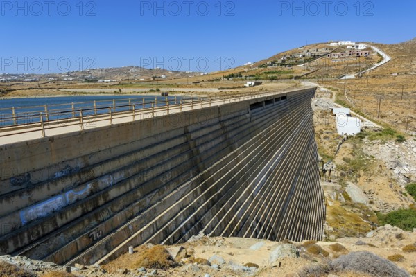 Mykonos, Cyclades, Greece — Marathi Dam, Mykonos Municipal Water Supply and Sanitation Company has two dams, Marathi Reservoir and Fokos Reservoir, to supply water to the island. Due to the prolonged drought, both are almost empty and are not being used