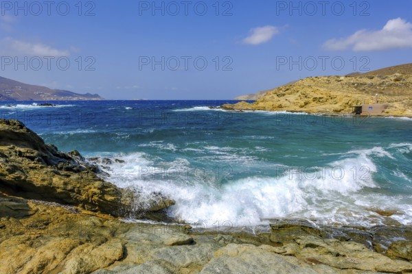 Mykonos, Cyclades, Greece - Ftelia Beach, Ftelia Beach, sandy beach on a windy rocky coast in the north of the island