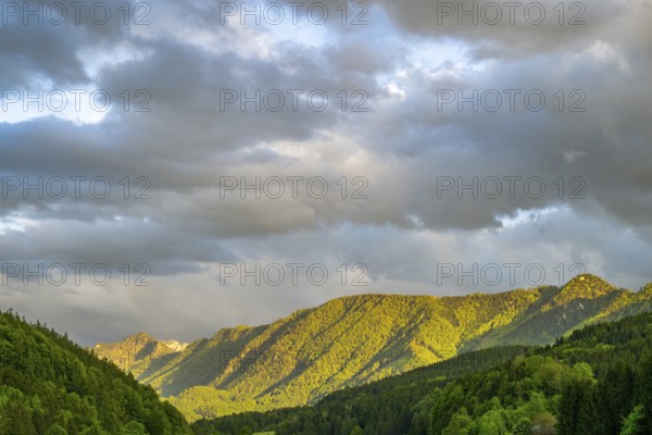 View into the mountains next to Lake Traunsee on a rainy day in spring, Traunstein summit, Traunkirchen, Salzkammergut, Austria
