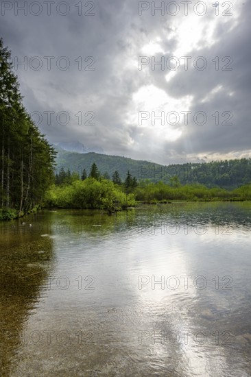 Landscape of Lake Almsee on a rainy day in spring, Salzkammergut, Austria