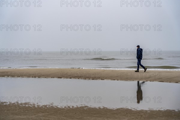 East beach of the East Frisian island of Spiekeroog, beach walk, man alone on the beach, at low tide, fog, calm of wind, tidal creek, Lower Saxony, Germany
