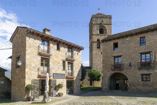 Church tower and town hall, historic buildings medieval village of Ainsa, Aínsa-Sobrarbe, Huesca province, Aragon, Spain