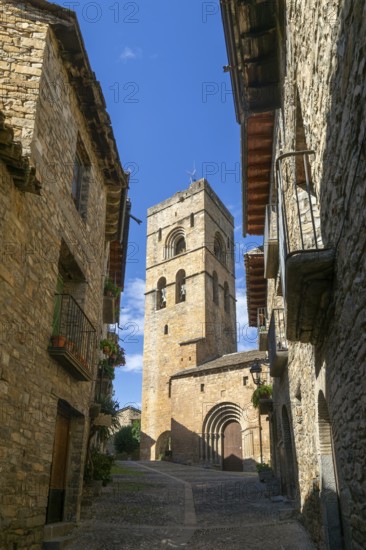 Church tower historic buildings medieval village of Ainsa, Aínsa-Sobrarbe, Huesca province, Aragon, Spain