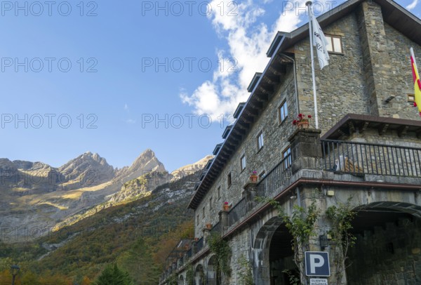 Bielsa Parador hotel building mountain landscape, Ordesa y Monte Perdido National Park, Bielsa, Huesca province, Aragon, Spain