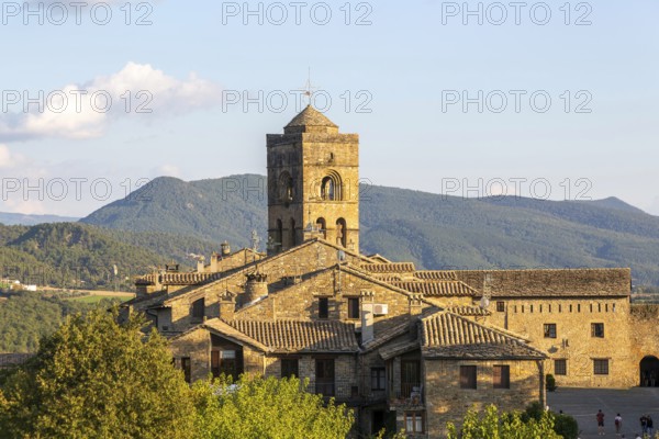 Church tower historic buildings medieval village of Ainsa, Aínsa-Sobrarbe, Huesca province, Aragon, Spain