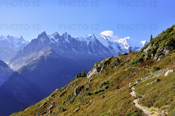 Autumnal landscape with snow-covered Mont Blanc massif in the background, Chamonix-Mont-Blanc, Haute-Savoie, France