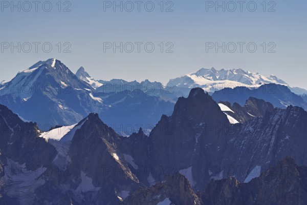 View of the Swiss Alps with the Matterhorn, Pointe Helbronner viewing terrace, Chamonix-Mont-Blanc, Haute-Savoie, Italian watershed, France