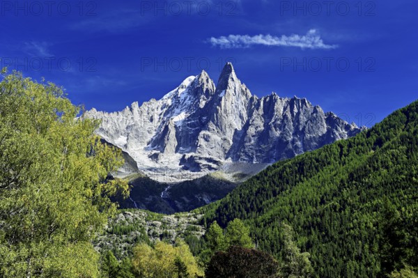 From left, snow-covered Aiguille Verte, Aiguille du Dru, Chamonix-Mont-Blanc, Haute-Savoie, France
