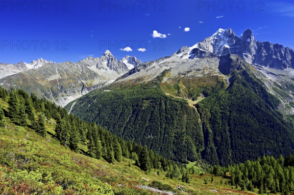 From left Aiguille du Chardonnet, in front foothills of the Argentière Glacier, on the right snow-covered Aiguille Verte, Aiguille du Dru, Chamonix-Mont-Blanc, Haute-Savoie, France