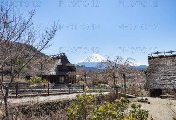 Iyashinosato open-air museum, old Japanese village with traditional houses, at the back volcano Mt. Fuji, Fujikawaguchiko, Saiko, Japón