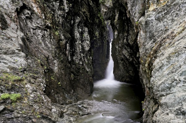 Small waterfall, Diosaz mountain river in the gorge, Gorges de la Diosaz, Les Houches, Chamonix-Mont-Blanc, Haute-Savoie, France