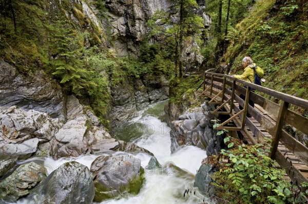 Female hiker on wooden walkway on the Diosaz mountain river in the gorge, Gorges de la Diosaz, Les Houches, Chamonix-Mont-Blanc, Haute-Savoie, France