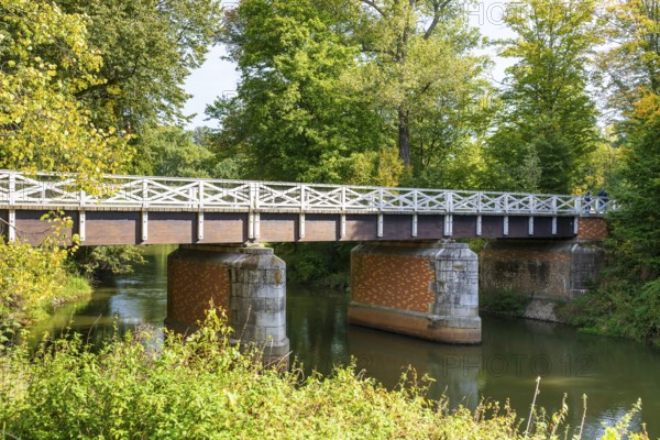Double bridge over the Neisse in Muskauer Park, UNESCO World Heritage Site, Bad Muskau, Upper Lusatia, Saxony, Germany