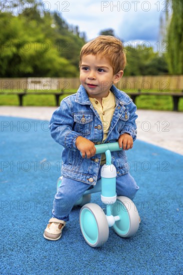 Cheerful toddler riding a balance bike in a vibrant playground, developing motor skills and enjoying outdoor fun, surrounded by colorful trees and a sunny atmosphere