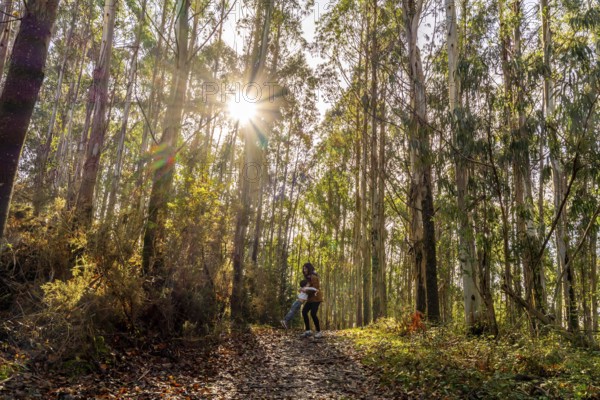 Happy mother spinning her child on a forest path, creating a joyful moment under the sunburst in the tall eucalyptus trees, symbolizing family connection and natural beauty
