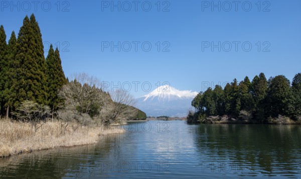 View of Mount Fuji volcano and Lake Tanuki from Fuji-mae observation deck, Fujinomiya, Shizuoka, Japan