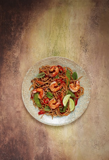 Fried udon noodles with shrimp and vegetables, Asian cuisine, homemade, no people