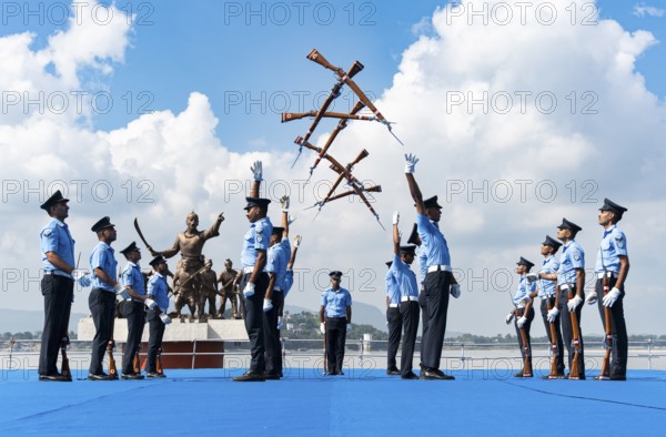 Indian Air Force personnel performs a bayonet drill demonstration on the bank of Brahmaputra river, during rehearsals ahead of the air show organised as part of the 93rd Air Force Day celebrations, on November 5, 2025 in Guwahati, India