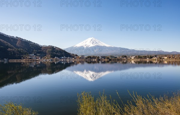 Volcano Mt. Fuji is reflected in Lake Kawaguchi, Yamanashi Prefecture, Japan
