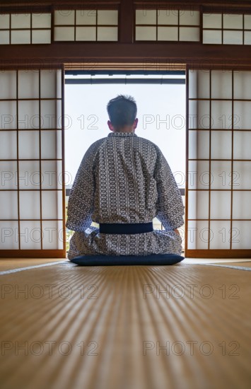 Young man wearing kimono sitting in traditional Japanese living room with tatami mats and shoji sliding doors, from behind, Yamanouchi, Nagano, Japan