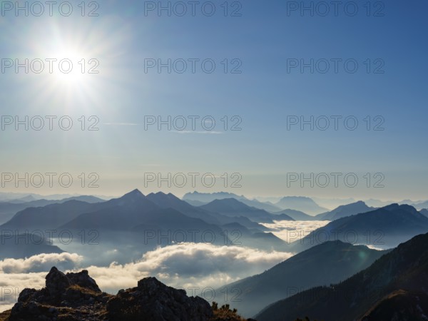 Blue-colored silhouette of mountains, fog in the valley, Wilder Kaiser and Chiemgau Alps, Upper Bavaria, Bavaria, Germany