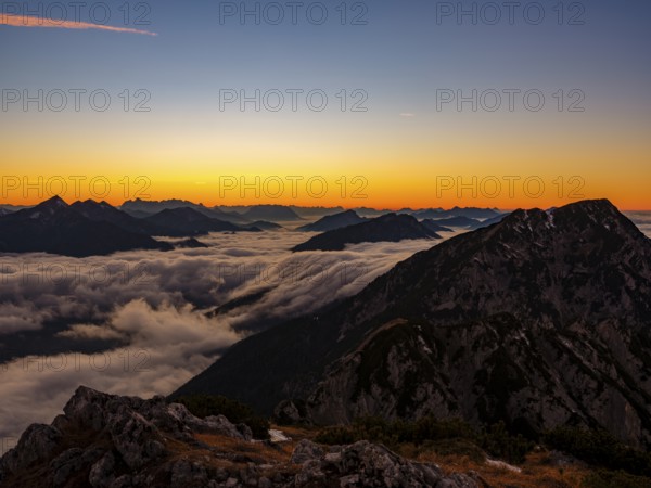Alpine panorama at dusk, fog in the valley, Hochstaufen, Chiemgau Alps, Upper Bavaria, Bavaria, Germany