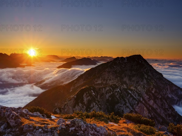Alpine panorama at sunset, fog in the valley, Hochstaufen, Chiemgau Alps, Upper Bavaria, Bavaria, Germany