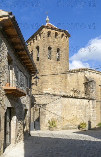 Historic church tower medieval village of Longás, Val d'Onsella, Zaragoza province, Aragon, Spain