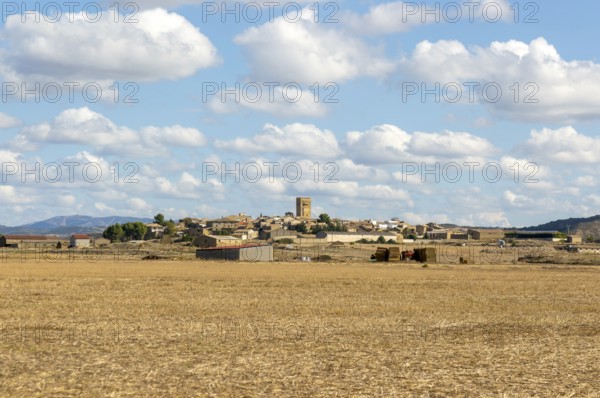 Landscape view of historic medieval village of Layana, Cinco Villas, Zaragoza province, Aragon, Spain