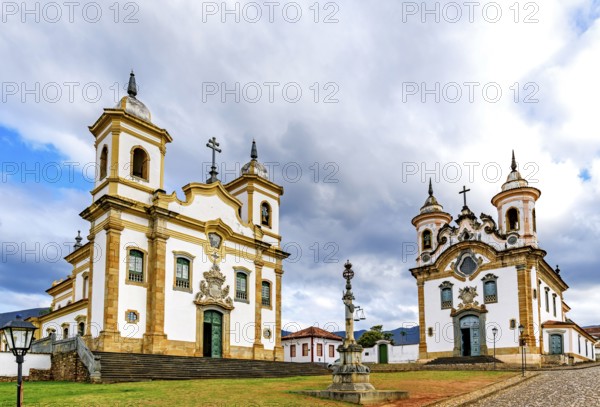 The central square of the city of Mariana in Minas Gerais, surrounded by historic Baroque churches, Mariana, Minas Gerais, Brazil