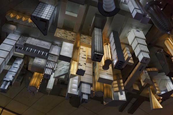 Magic Mushrooms installation, ceiling sculpture, hanging skyscrapers, model of a metropolis, artists Michael Elmgreen and Ingar Dragset, parking garage at the Dokk1 cultural center, Aarhus, Jutland, Denmark