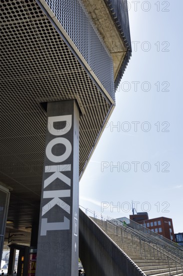 Multifunctional building, cultural center and library Dokk1, Dokken, architect Schmidt Hammer Lassen, inscription, staircase, Aarhus, Århus, Jutland, Denmark