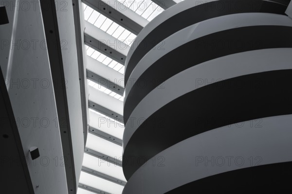 ARoS Aarhus art museum, distinctive, sculptural spiral staircase, modern architecture, incidence of light, interior view, monochrome, Aarhus, Jutland, Denmark