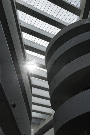 ARoS Aarhus art museum, distinctive, sculptural spiral staircase, modern architecture, incidence of light, sunbeams, interior view, monochrome, Aarhus, Jutland, Denmark