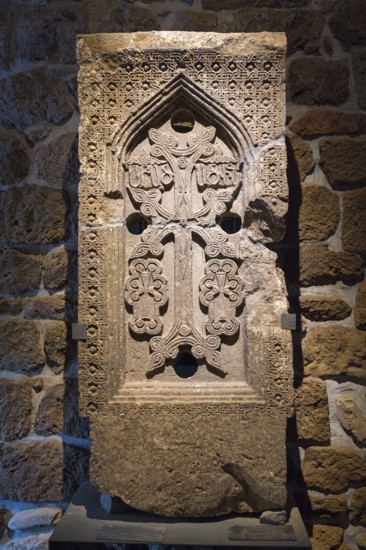 Elaborated stone relief with cross and ornaments on a wall, Khachkar, Armenian Cross Stone, Tatev Monastery, Armenian Apostolic Monastery, Syunik Province, Caucasus, Armenia