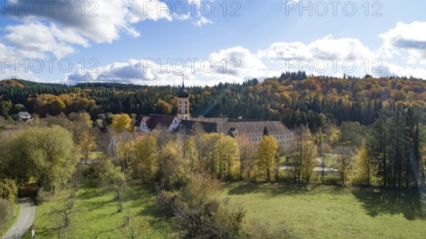 Aerial view of the Cistercian Abbey of Oberschönenfeld in the Augsburg Western Forest nature park Park, administrative district of Swabia, Bavaria, Germany