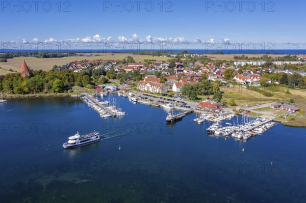 Aerial view over sailing boats in the harbour, marina of the village Kirchdorf in the Bay of Greifswald, Sundhagen, Mecklenburg-Vorpommern, Germany