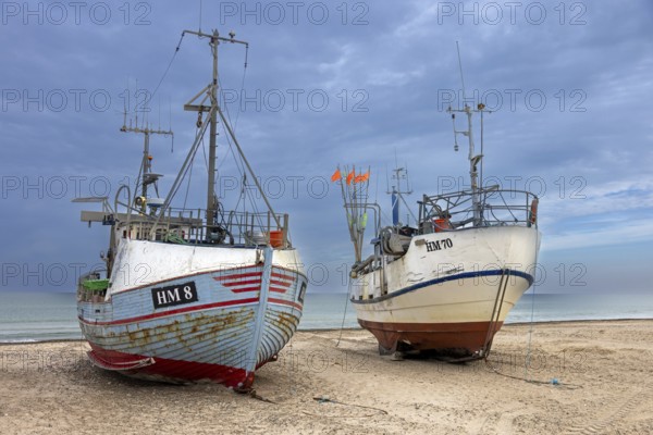 Fishing boats beached on Thorup Strand, Thorupstrand, fishing village on the Skagerrak in Jammerbugt Municipality, North Jutland Region, Denmark