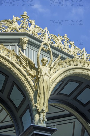 Nike goddess of victory, griffins and palmettes decorating 1885 Kiosk, music pavillion at the Citadel park in the city Ghent, East Flanders, Belgium