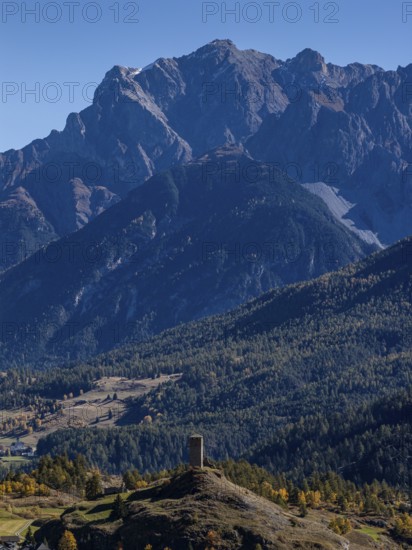 Mountain landscape, autumn color, sunny, aerial view, castle, tower, Ardez, Lower Engadine, Engadin, Switzerland