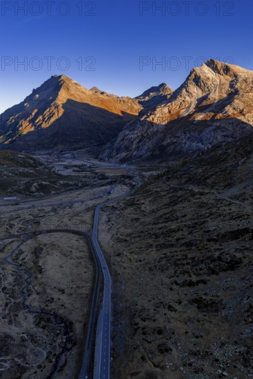 Mountain landscape, autumn, morning light, aerial view, road, Bernina Pass, Engadin, Switzerland