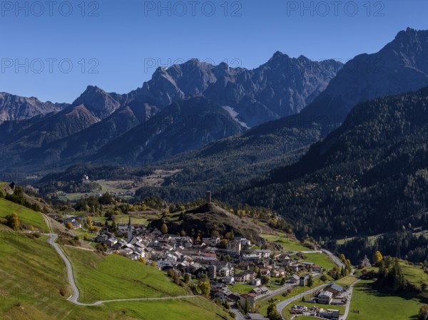 Mountain landscape, autumn color, sunny, aerial view, village, castle, tower, Ardez, Lower Engadine, Engadin, Switzerland