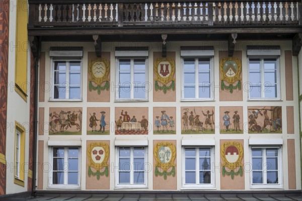 Fassade mit Lüftlmalerei, Kapellengasteig, Bad Tölz, Upper Bavaria, Bavaria, Germany