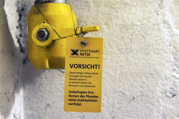 Precautionary measure in the event of a gas leak. Seal a gas pipe. The Stuttgart networks have blocked the gas supply line. Removal of the lock will be prosecuted. Stuttgart, Baden-Württemberg, Germany