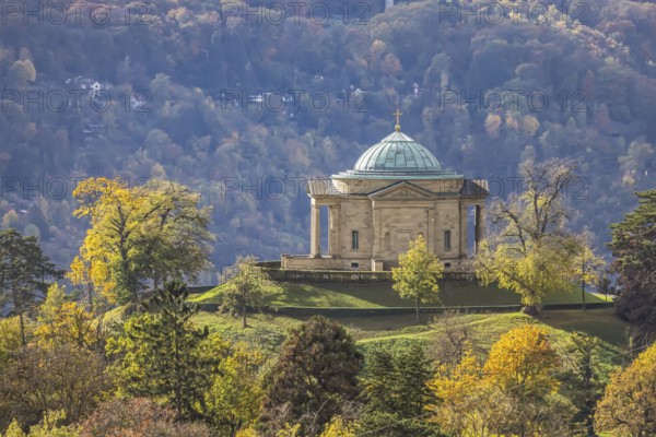 View from the Egelseer Heide to the grave chapel in Württemberg. Landscape around the tourist attraction in autumn. Stuttgart, Baden-Württemberg, Germany