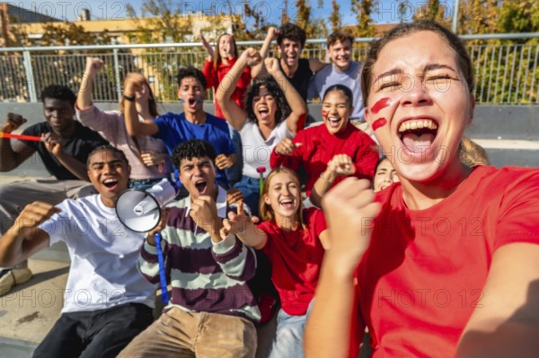 Group of diverse young sports fans cheering and celebrating success from the bleachers, sharing a joyful moment and capturing the excitement with a selfie
